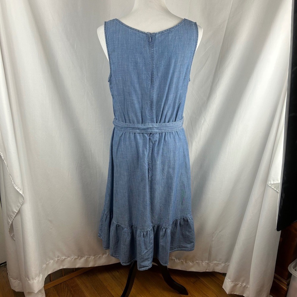 Talbots Blue Cotton Chambray Sleeveless Ruffle Hem Belted Midi Dress Womens 10 - Picture 8 of 11